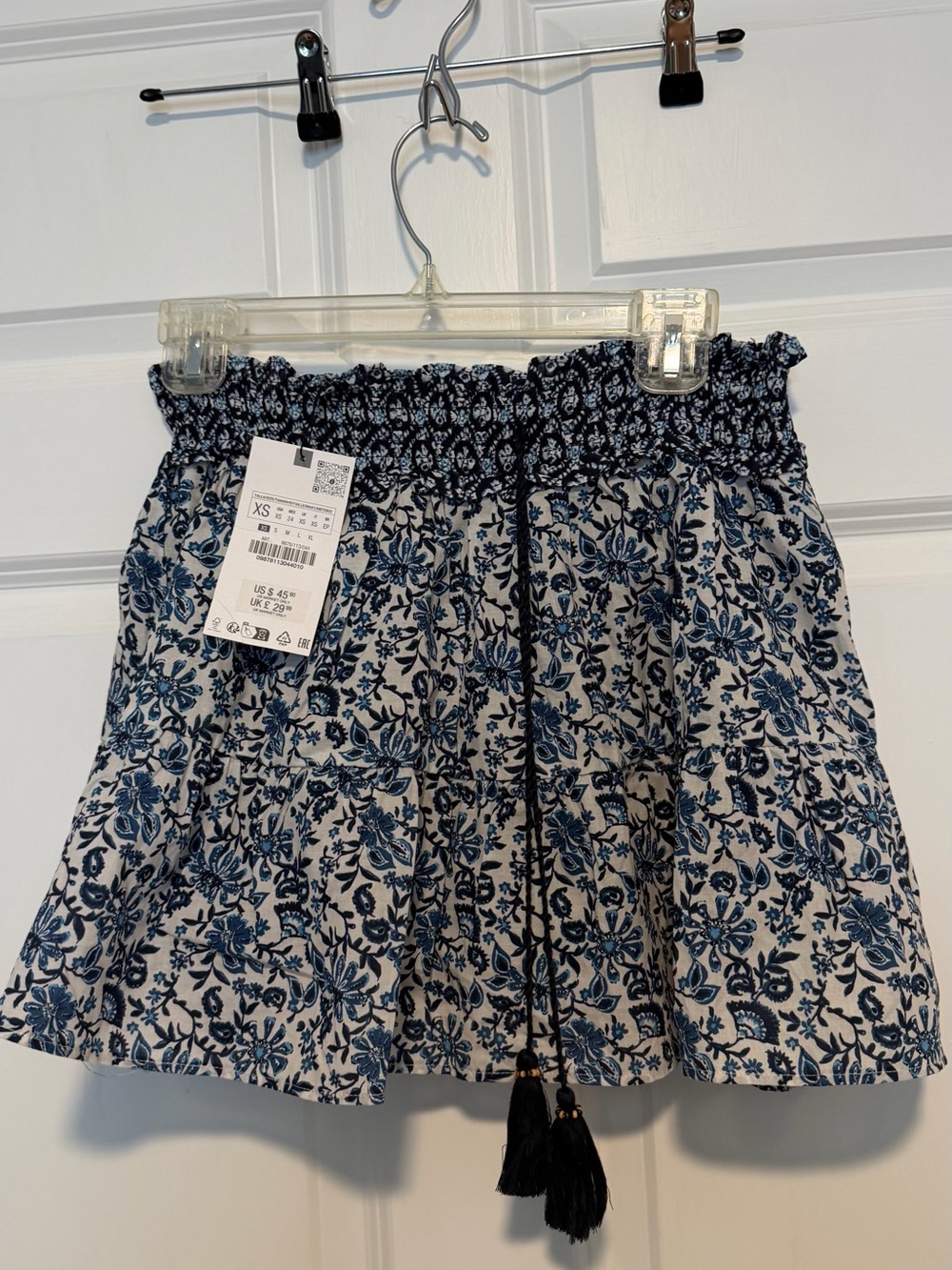 Zara White Mini Skirt with Navy Floral Print and Black Tassels